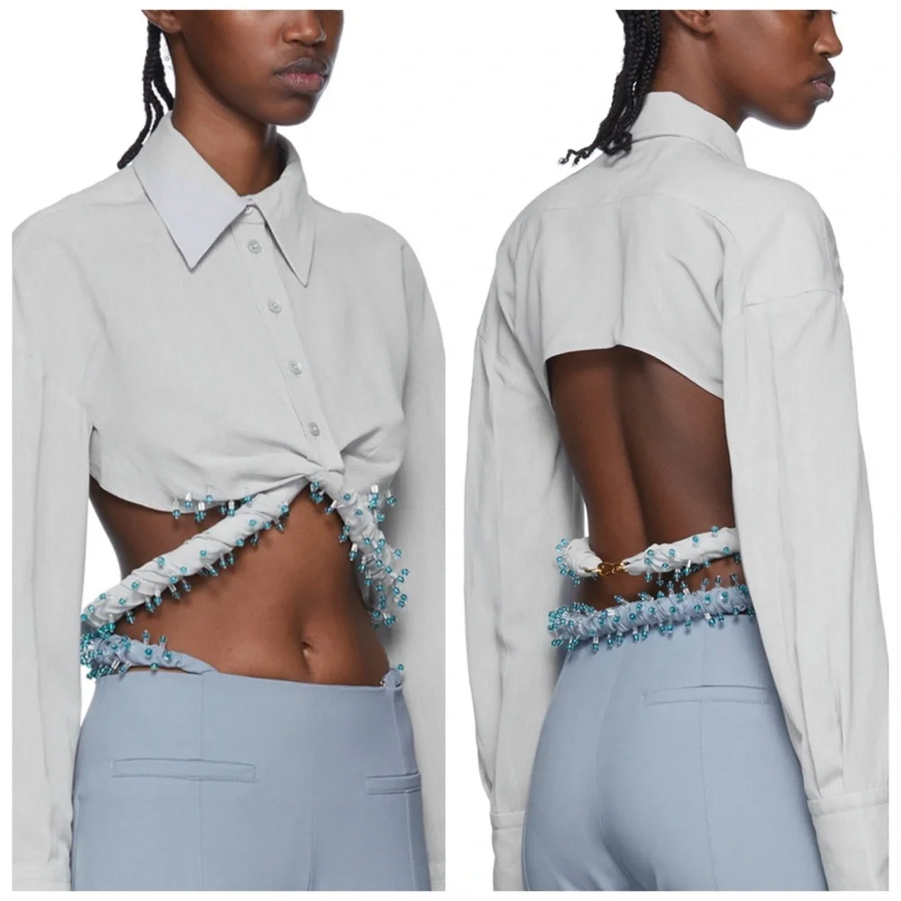 Jacquemus Stylish Powder Blue/Gray Cropped Blouse - Picture 2 of 15